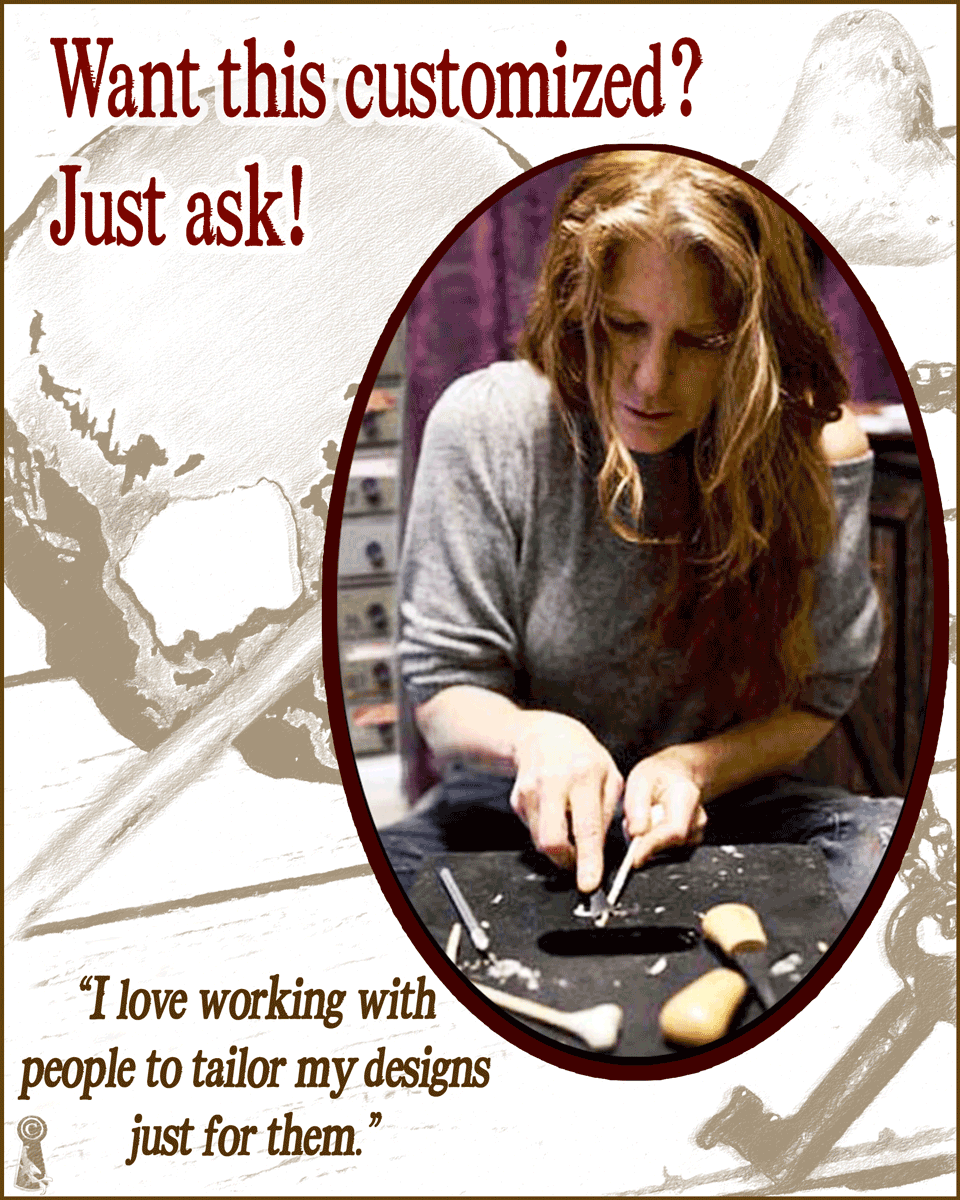 Artist handcrafting a gothic wood bone hairpin at a studio work surface, shown alongside an illustration of the finished hairpin and text inviting customization.