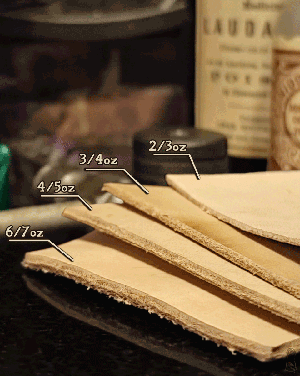Four pieces of leather with thickness measurements labeled on a dark surface.