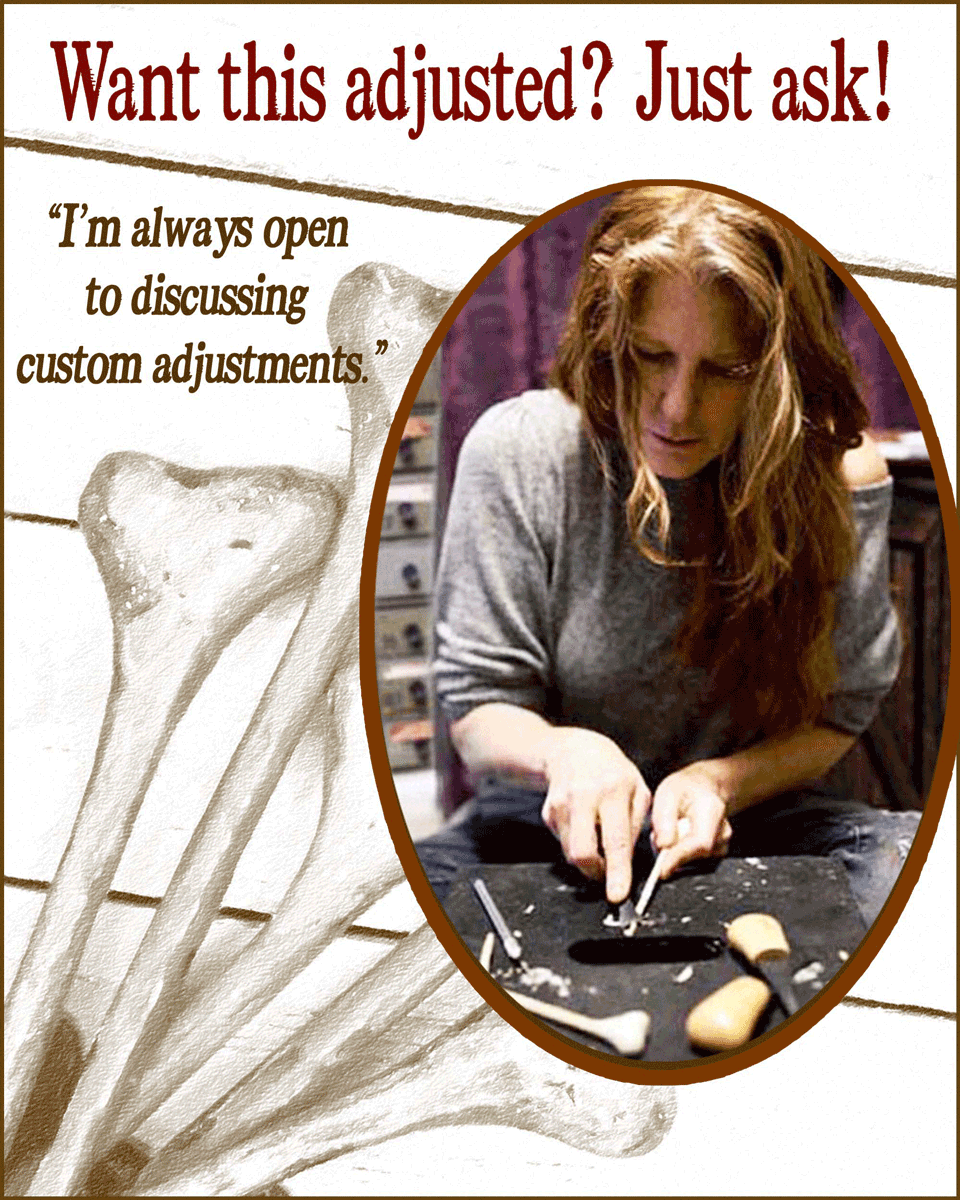 Artist handcrafting a gothic wood bone hairpin at a studio work surface, shown alongside an illustration of the finished hairpin and text inviting customization.