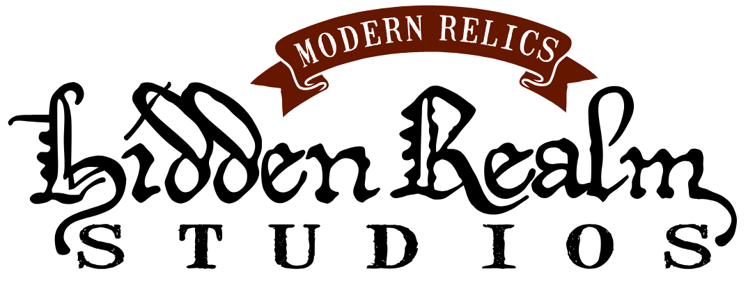 Hidden Realm Studios Logo in Black with a Red Ribbon that says 'Modern Relics'