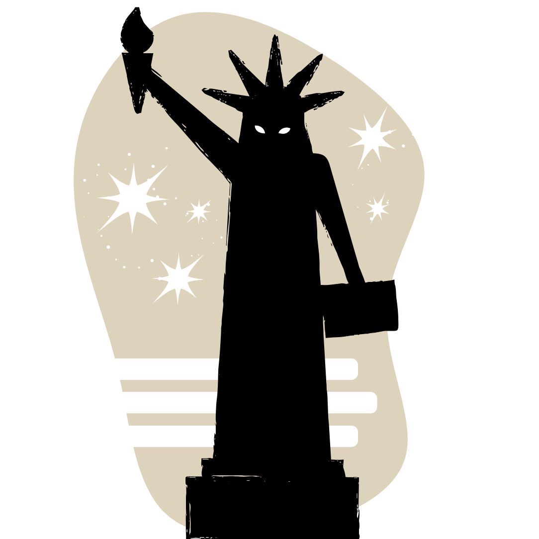 Black silhouette of a goblin-like Statue of Liberty against a beige background with star-like shapes.