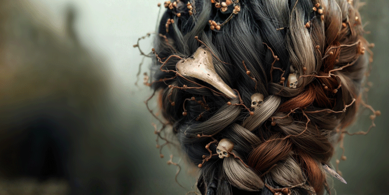 Braided hair with black, white, and brown colors, entwined with thin branches featuring a bone hair stick and tiny skull pins on a dark background