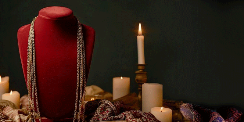 Red velvet necklace stand on a dark background with candles