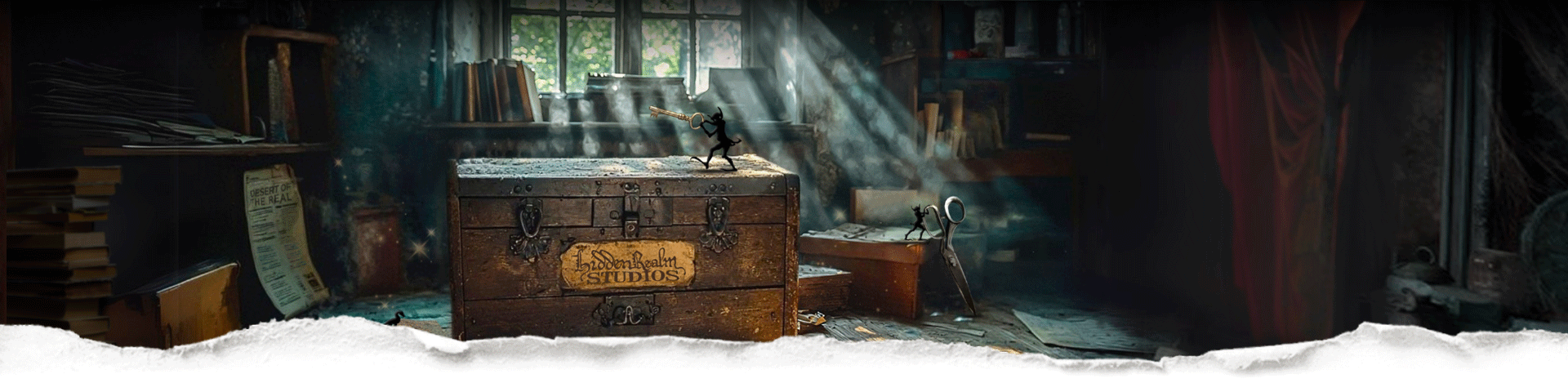 A forgotten attic with misty rays of light shining on a vintage wooden trunk with a worn Hidden Realm Studios label in a dimly lit room, two goblins play, one with a vintage key and the other with giant scissors