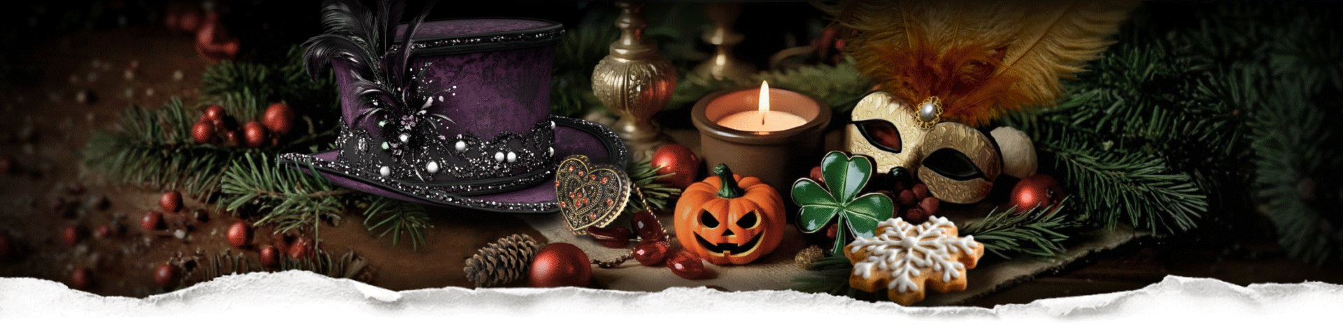 Decorative scene with beads and festive items representing many holidays: christmas, Halloween, new years, st patricks, mardi gras and valentine's day on a dark surface behind torn paper