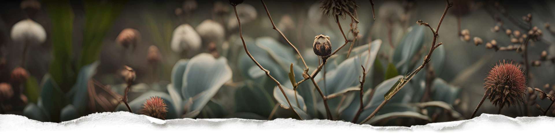 A moth with wilted plants and flowers with a blurred background behind torn paper