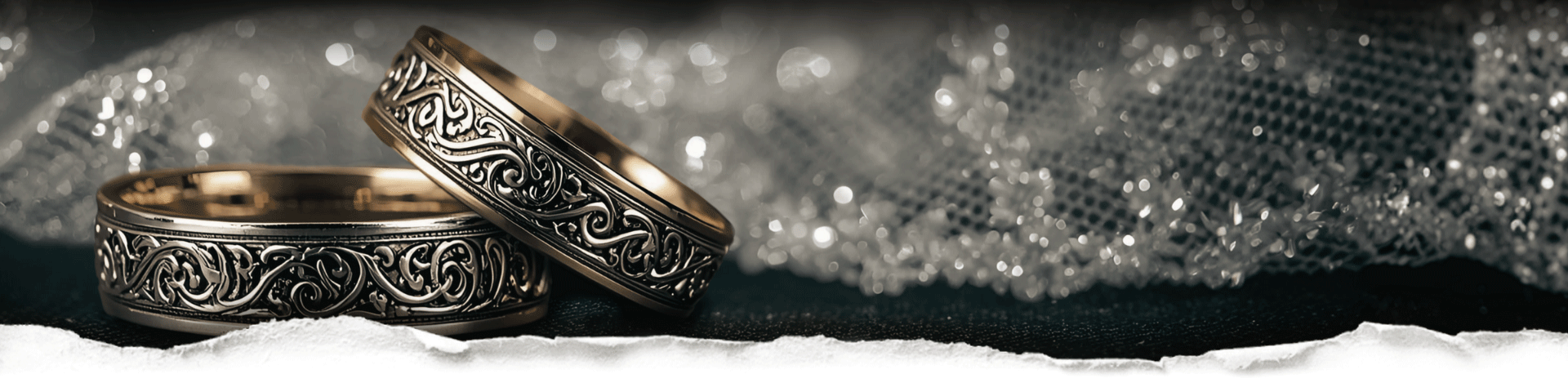 Two ornate wedding rings on a sparkly netted veil background behind torn paper