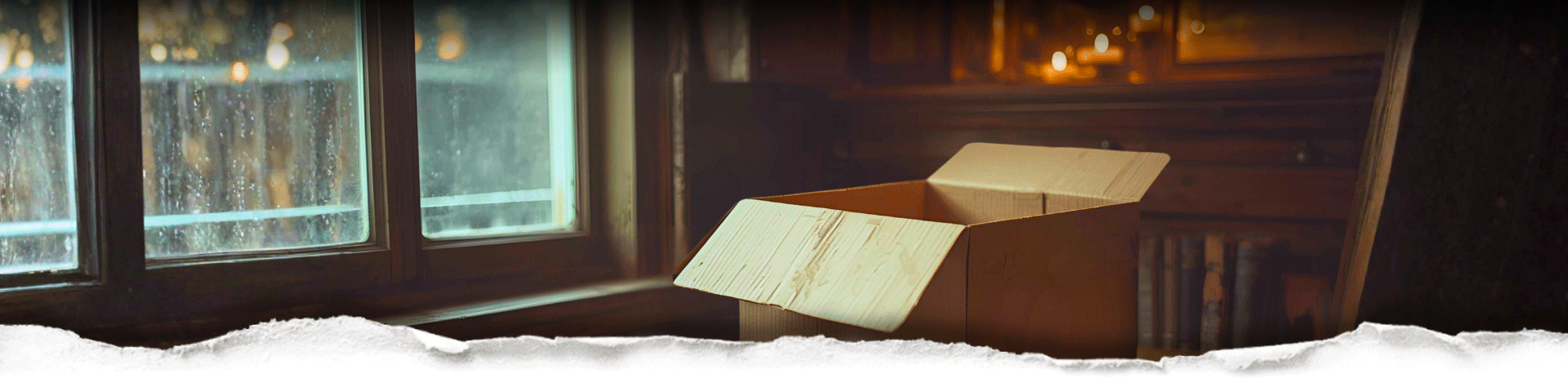 An open cardboard box in a dimly lit room behind torn paper