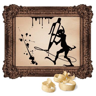 Decorative frame with a stylized illustration of a goblin with a giant ink pen splattering ink all over and a few pieces of whittled wood curls.