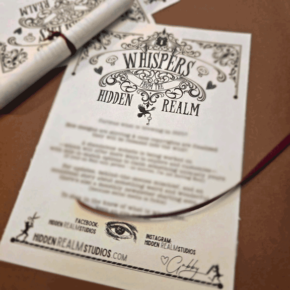 Letterhead with 'Whispers from the Hidden Realm' design on a brown surface