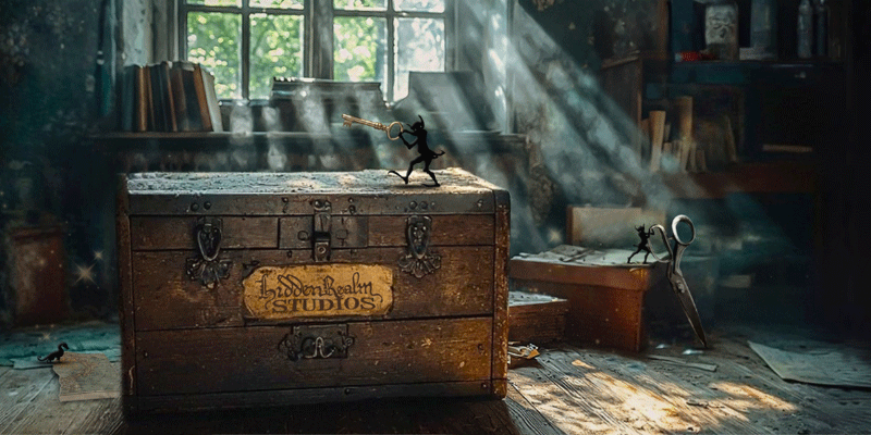 Wooden chest with 'Hidden Realm Studios' branding, surrounded by misty rays of light  and small playful shadow goblins, one with a skeleton key and one with giant scissors