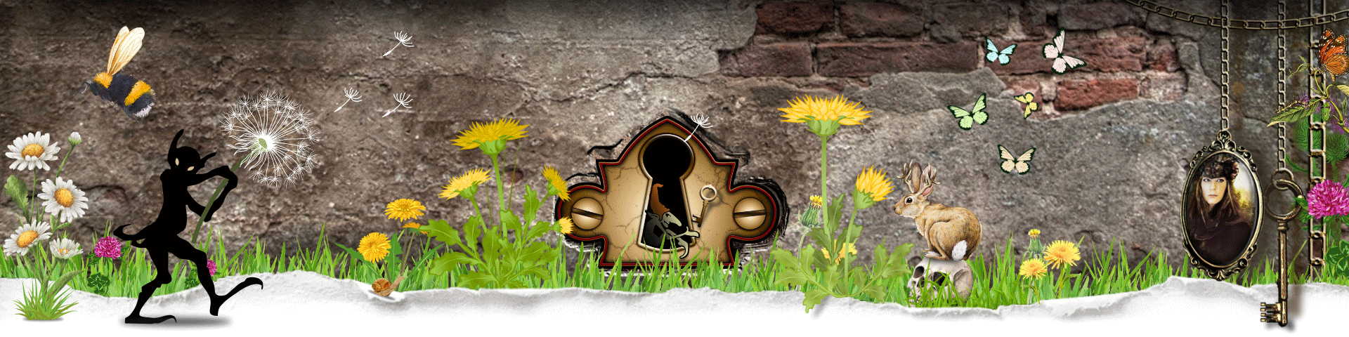 A simplified Hidden Realm Studios logo is surrounded by vibrant spring grass, oversized dandelions, bees, butterflies, a baby bunny on a skull, and a playful goblin blowing dandelion fluff.