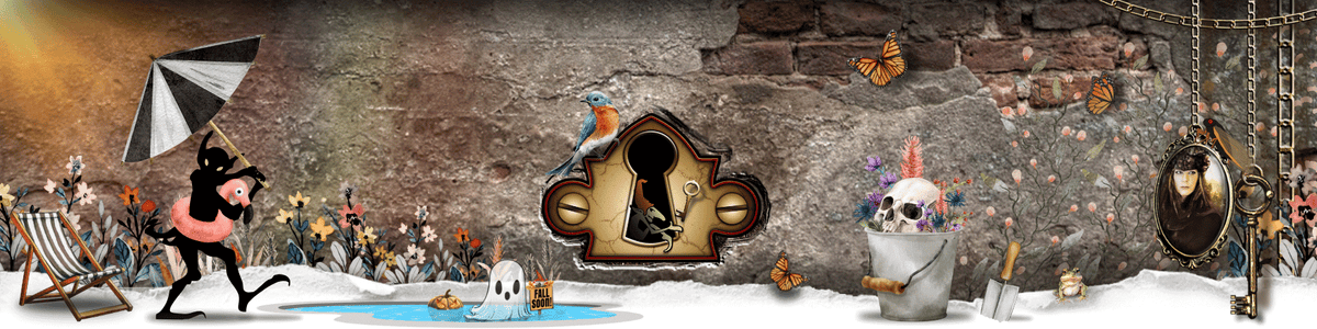 A simplified Hidden Realm Studios logo basks poolside on a bright summer day, surrounded by colorful flowers, birds, and butterflies. A pail holds pink and blue flowers around a skull, while a goblin shadow hides under a striped umbrella with a pink flamingo float. A sheet ghost and jack-o-lantern float in the pool.
