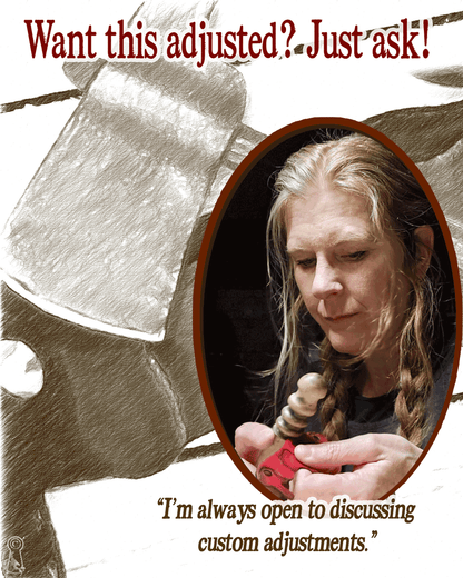 Person holding a burnishing tool and  leather with text about custom adjustments.