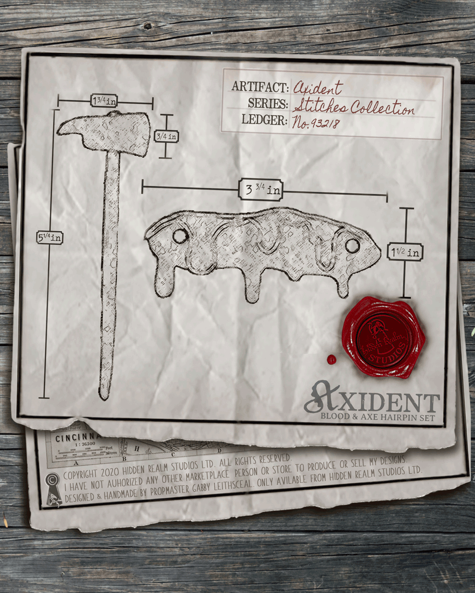 Illustration of a blood axe hairpin set  with measurements on aged paper