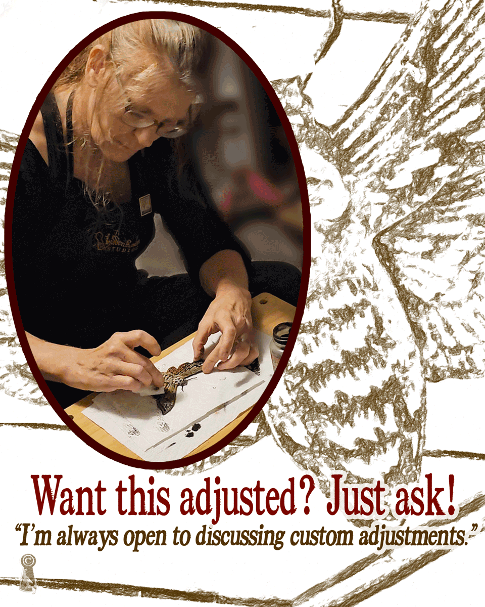 Person working on a moth design with text about custom adjustments.