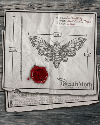 Illustration of  moth & stick hairpin set with wax seal on textured paper with measurements