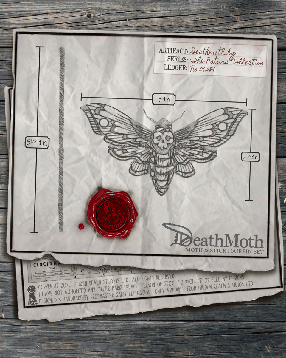 Illustration of  moth & stick hairpin set with wax seal on textured paper with measurements