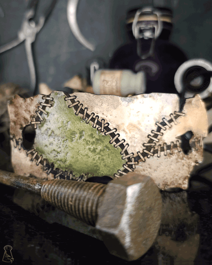 Close up of a metal finish bolt in front of a close up of a stitched monster skin patch on a dark background with jars and tools