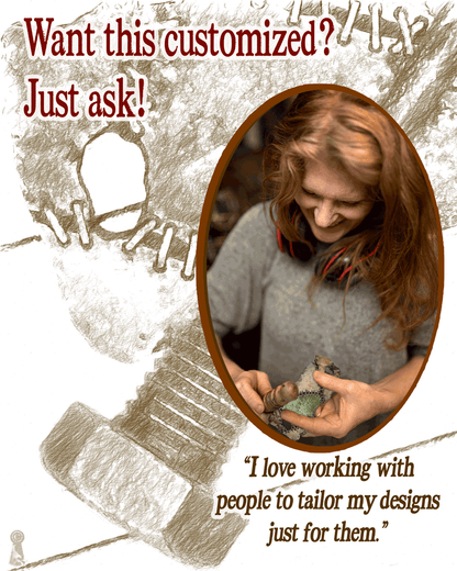 Woman holding a leather burnishing tool with text about customization.