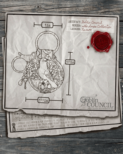 Illustration of a keychain with measurements on a textured paper background.