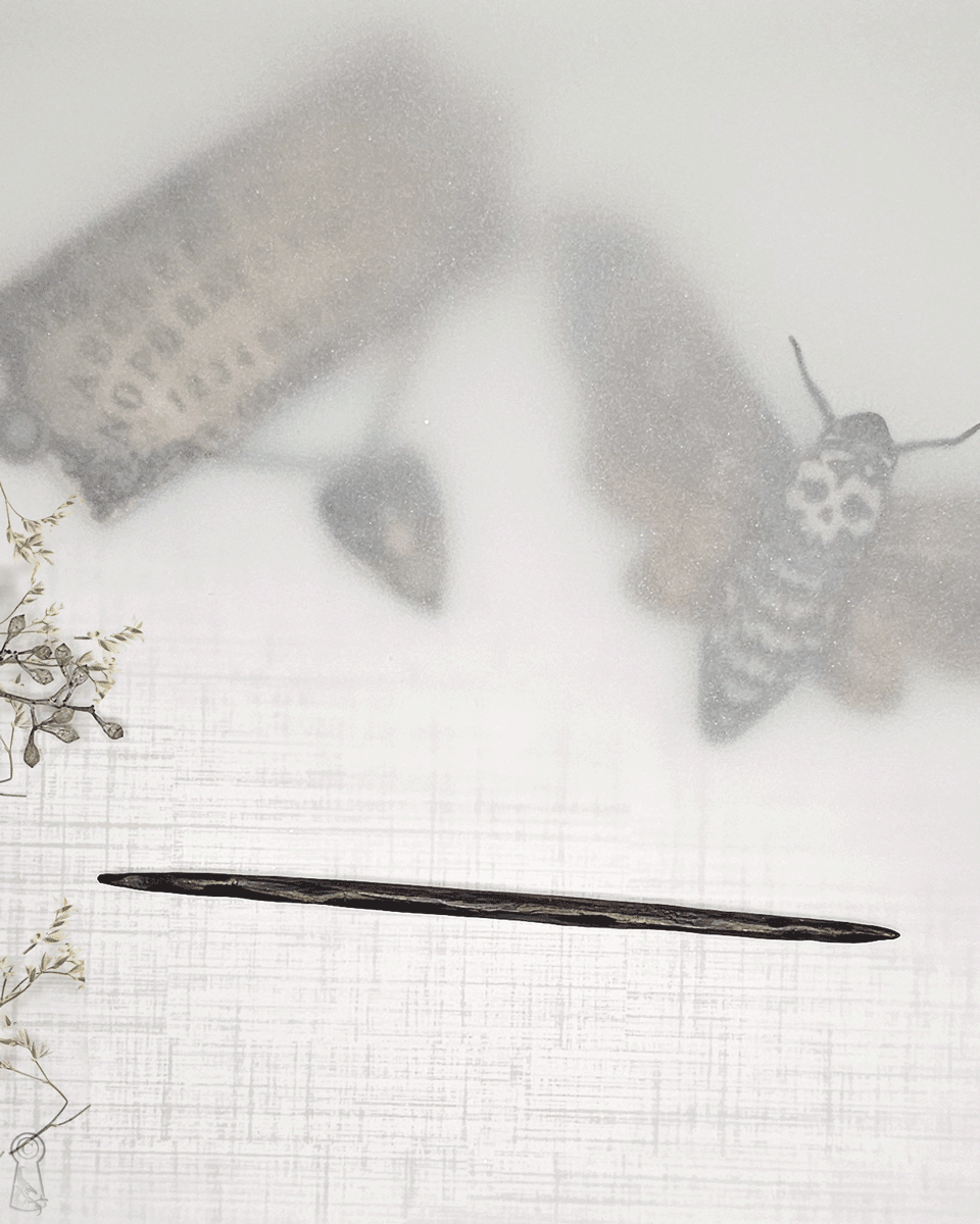 Decorative hairpins of a moth, a spirit board and a wood stick with floral decorative elements on a textured white background