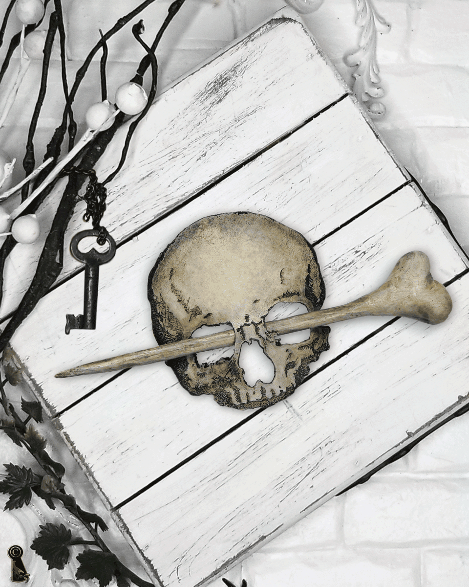 Leather skull and a wood, resin bone on a white wooden surface with decorative elements.
