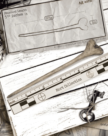 Ruler with  measurements on a wooden surface next to the bone shaped hairstick.