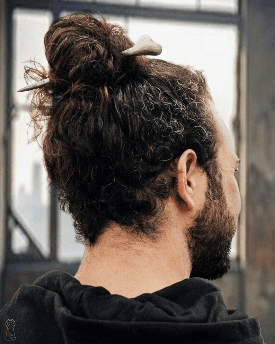 Man with a beard sporting a bun held with a bone hairpin, in an indoor setting.