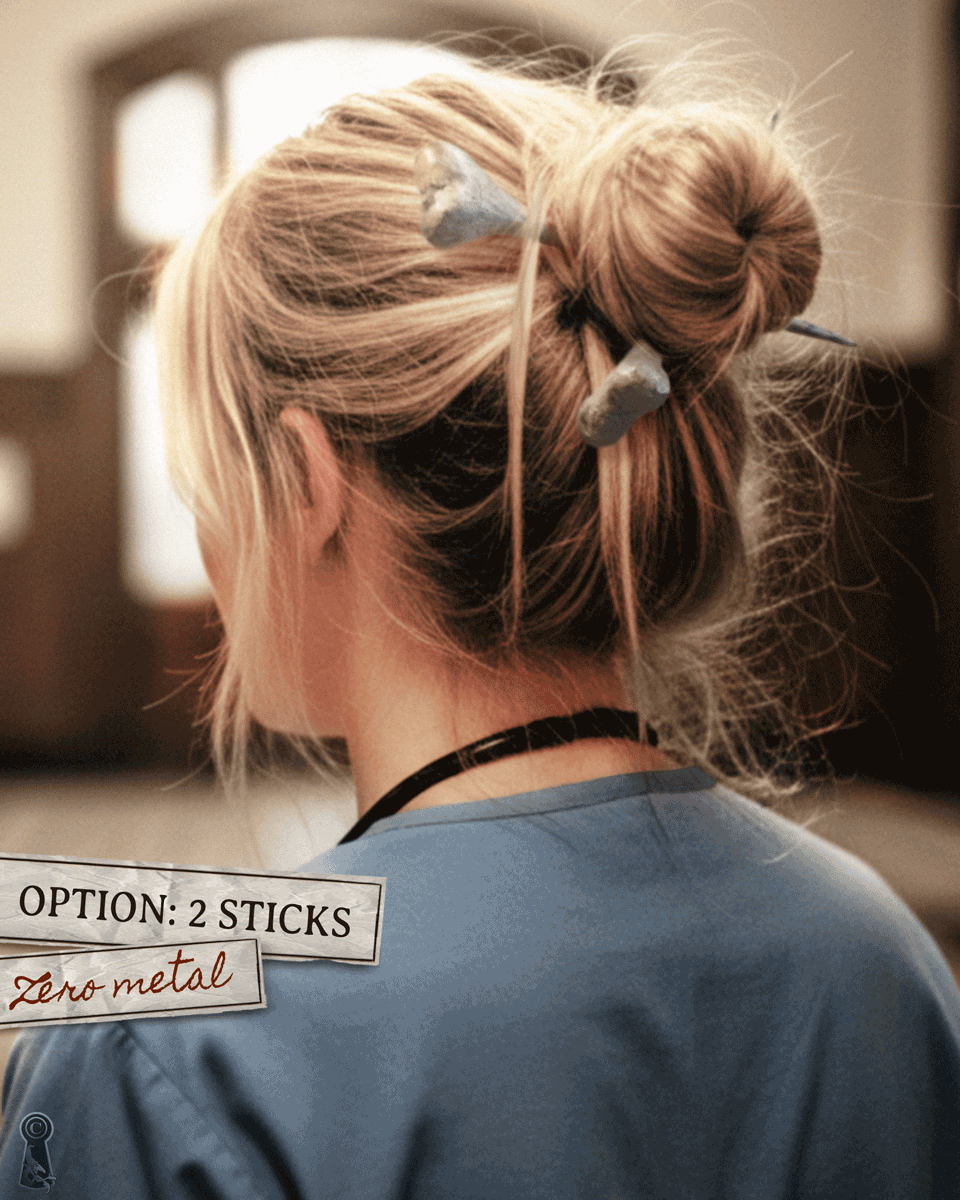 Medical person with styled hair featuring two bone hair sticks, with a blurred background and text overlay.