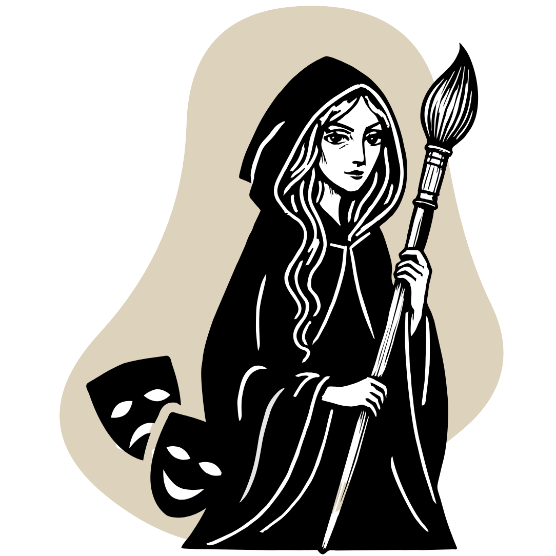 Black and white illustration of a hooded figure holding a giant paintbrush against a beige background alongside  the theater masks symbol.