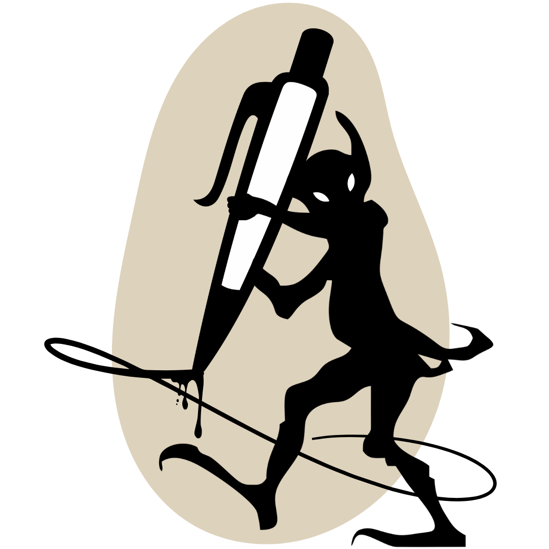 Black silhouette of a shadow goblin drawing with an giant ink pen that is dripping and swirling ink around on a beige background.