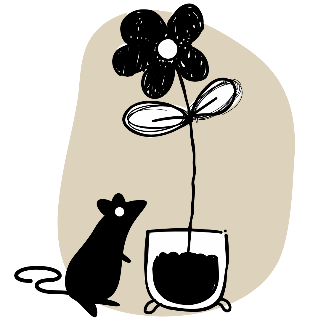 Illustration of a little rat looking at a  giant flower in a glass jar on a beige background