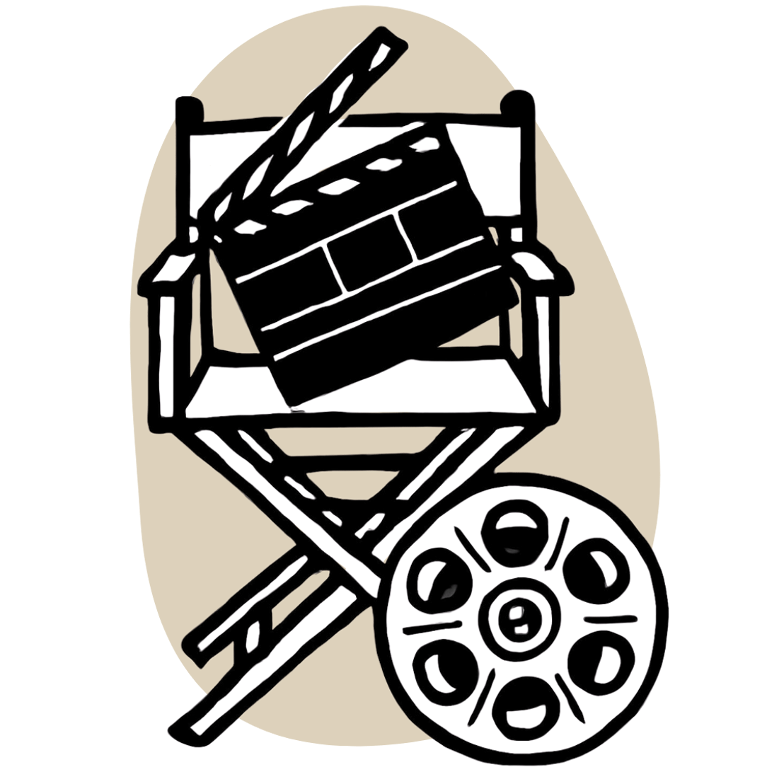 Cartoon illustration of a film clapperboard and movie reel on a beige background