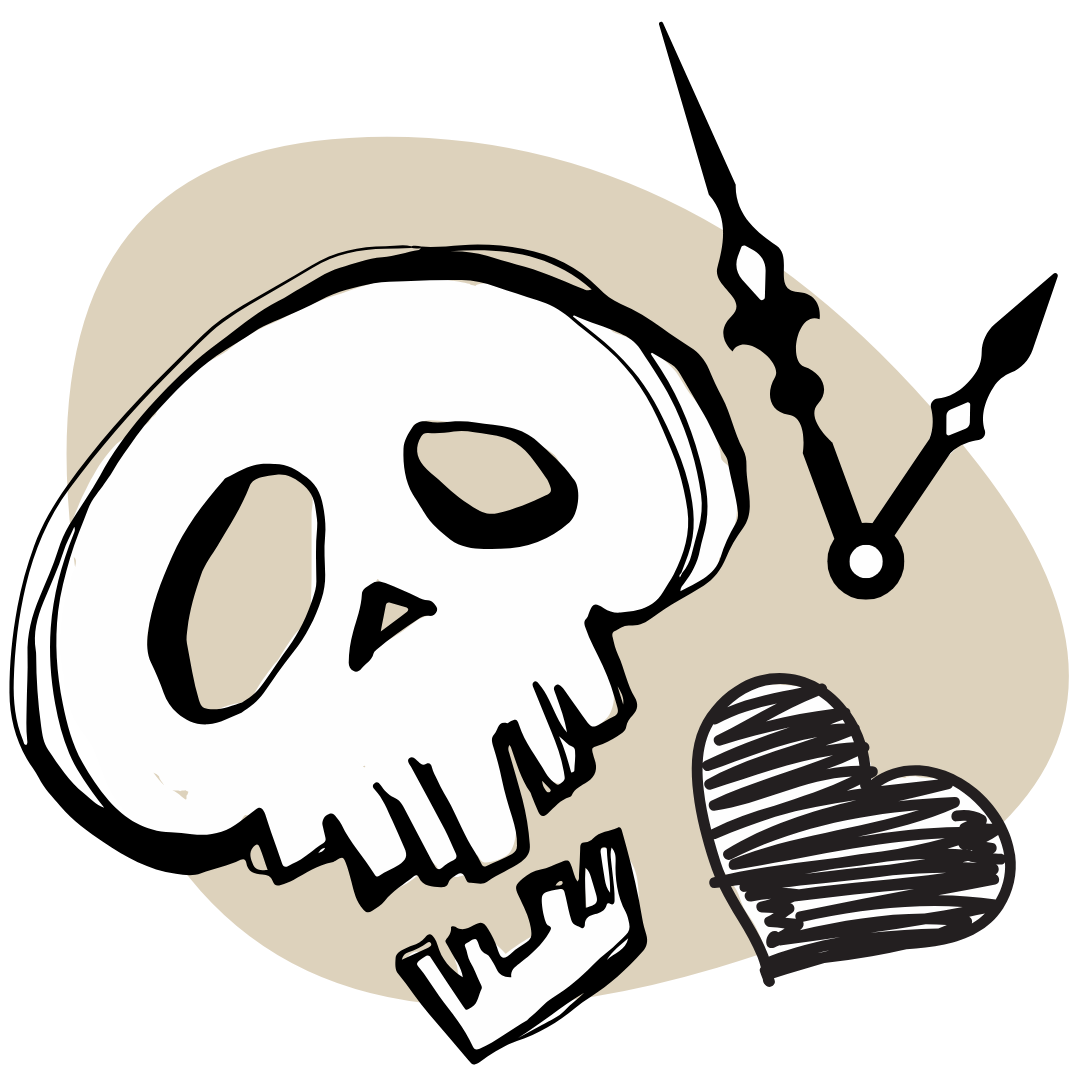 a black and white drawing of a skull with heart and clock hands on a beige background.