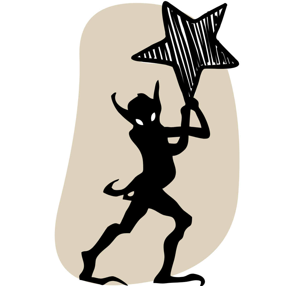 Black silhouette of a shadow goblin holding a star against a beige background.