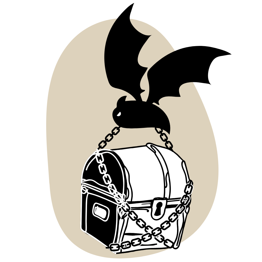 Illustration of a bat flying with a chained treasure chest on a beige background.