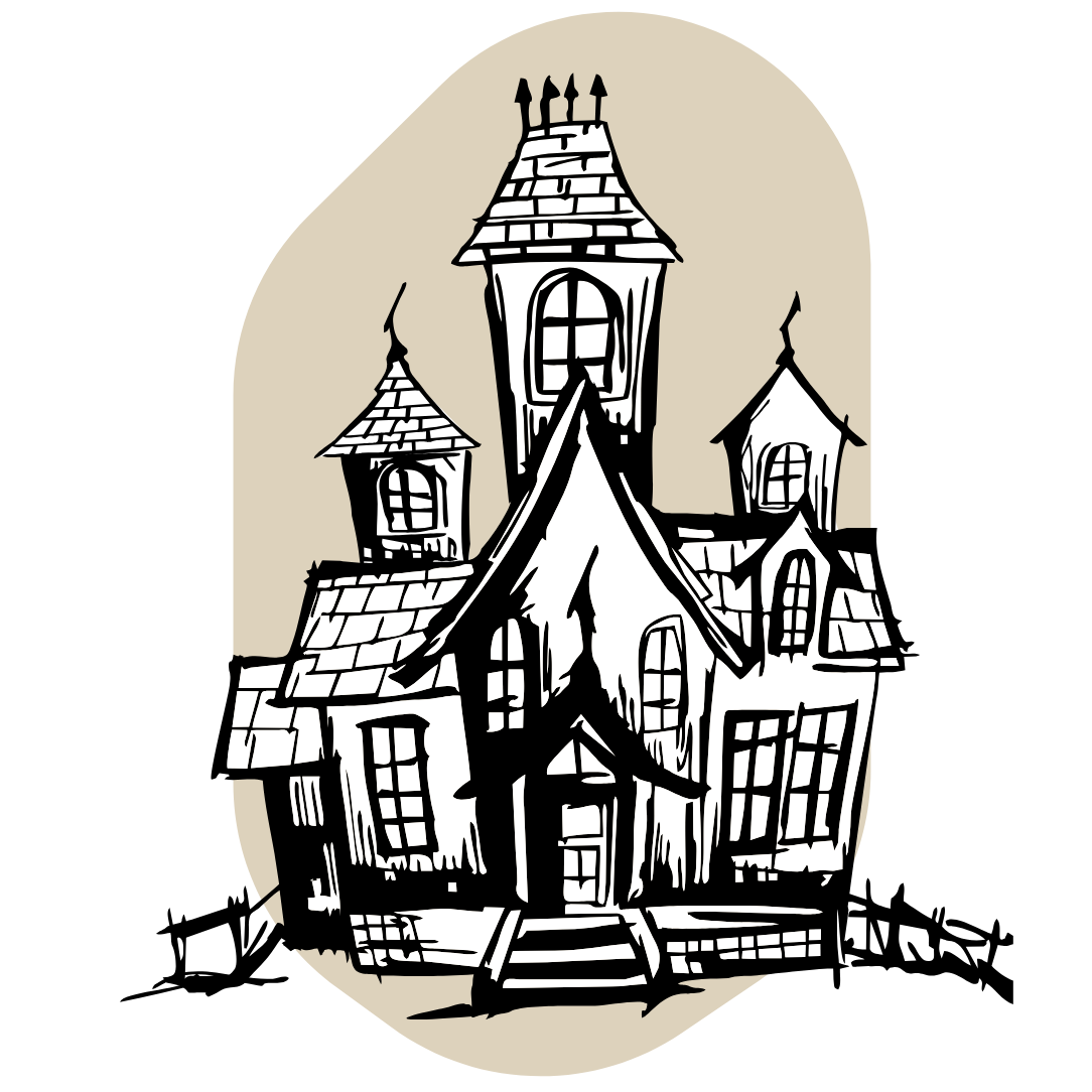 Illustration of a small haunted house on a beige background.