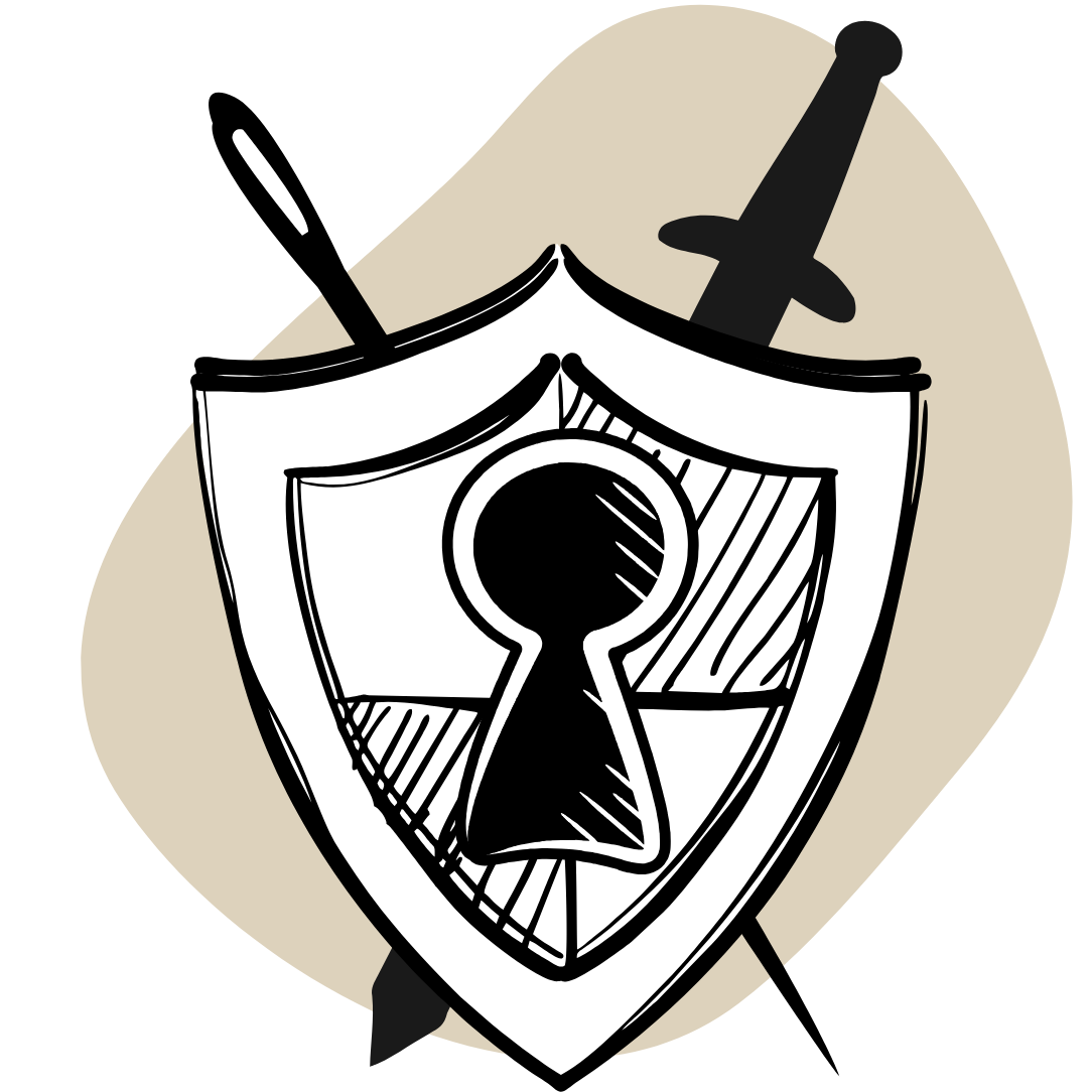 An Illustration of a shield with a keyhole and a crossed sword and giant sewing needle on a beige background.