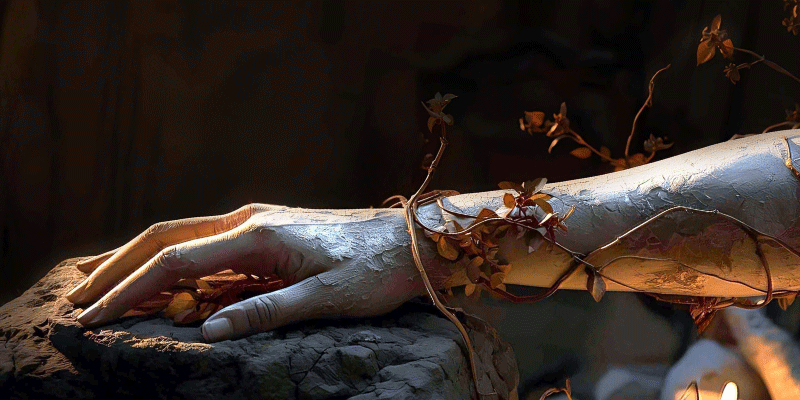 A plaster arm and hand with dried leaves and flowers wrapped around the wrist on a textured surface