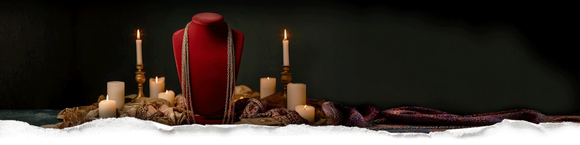 Focus on a deep red necklace display stand, candles and scarves at its base with a dark background behind torn paper