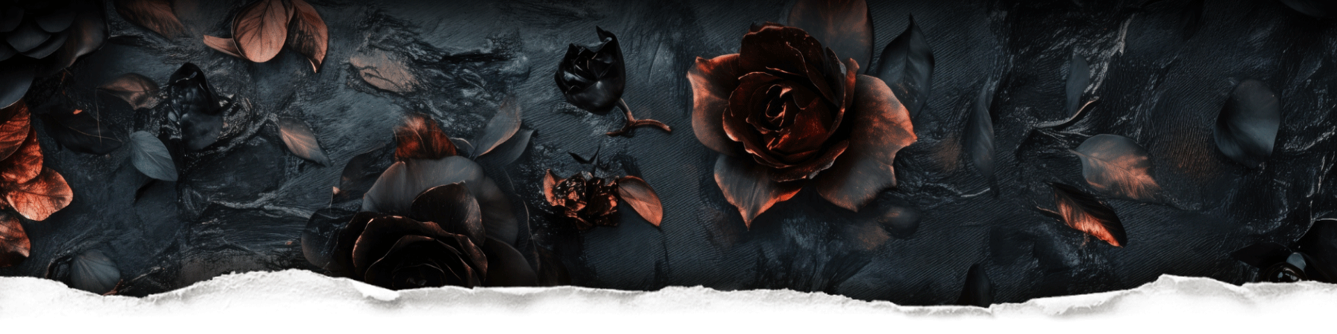 Dark roses, and leaves mixed in with thick dark plaster like paint texture behind torn paper