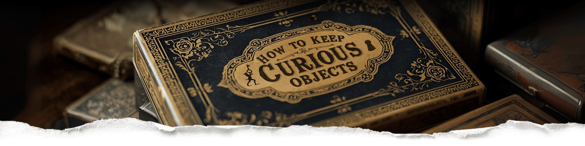 Vintage box titled 'How to Keep Curious Objects' surrounded by other vintage boxes and objects.