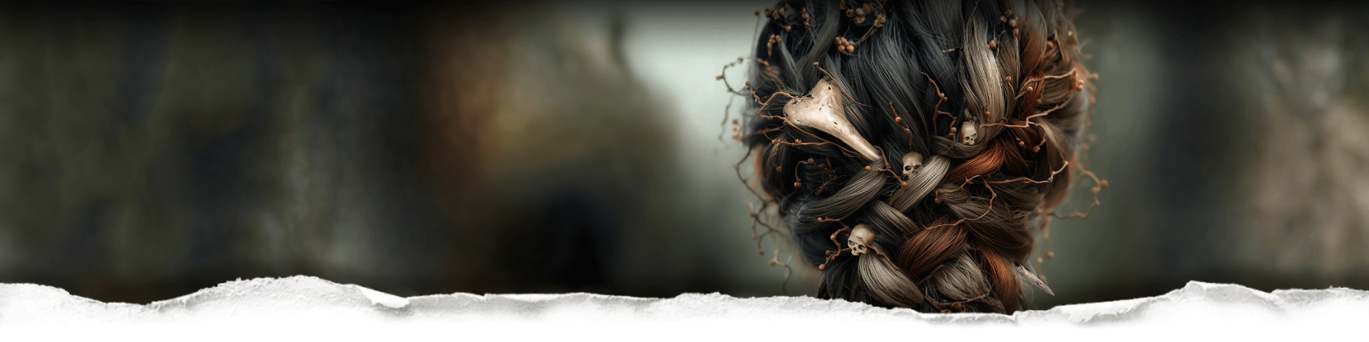Braided hair with black, white, and brown colors, entwined with thin branches featuring a bone hair stick and tiny skull pins on a dark background, behind torn paper.