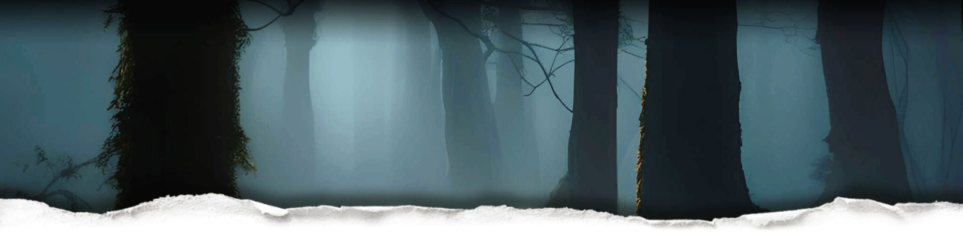 A dark misty forest scene behind torn paper