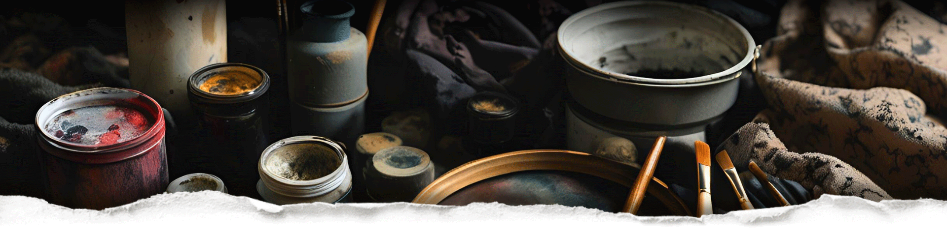 An artists work surface with brushes and paint jars and vintage tins, that evokes the feeling of stumbling upon an abandoned creative secret