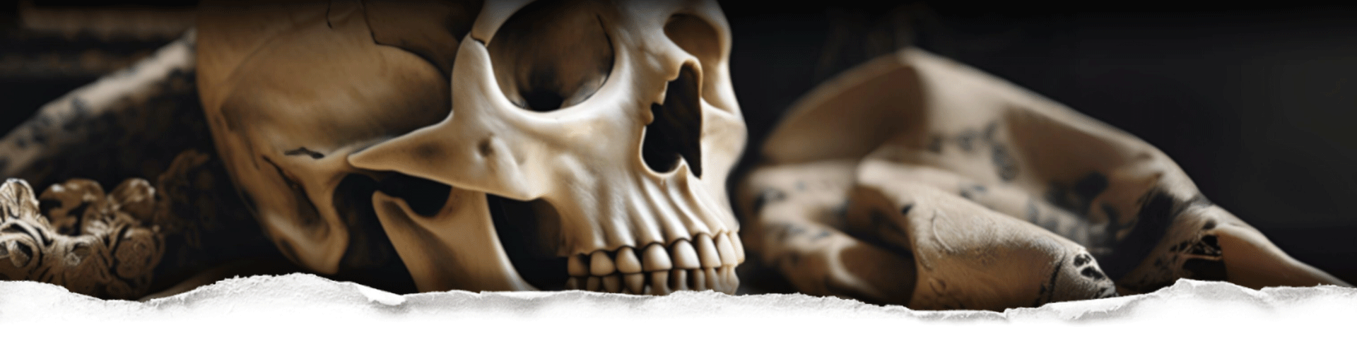 A skull  in ornate faded fabric on a dark background behind torn paper