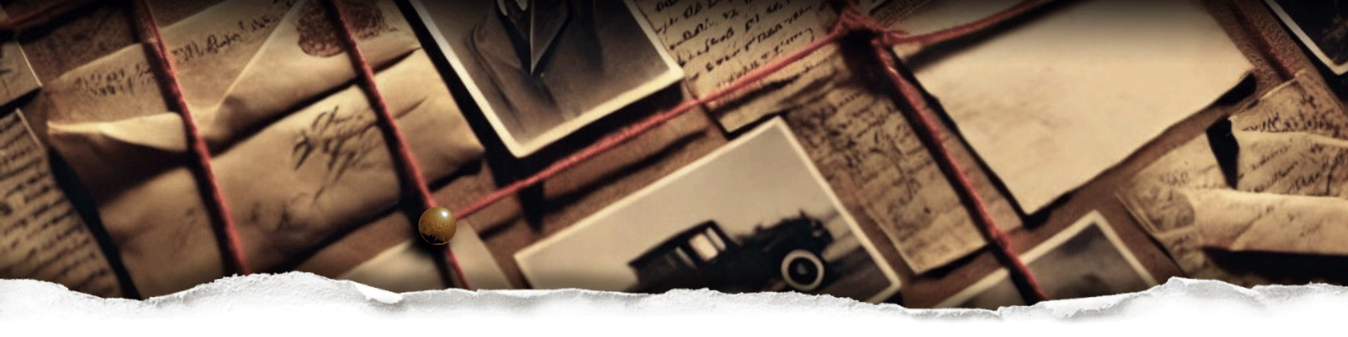 Vintage-style investigation board with old letters and photos with red strings running from one to another behind torn paper