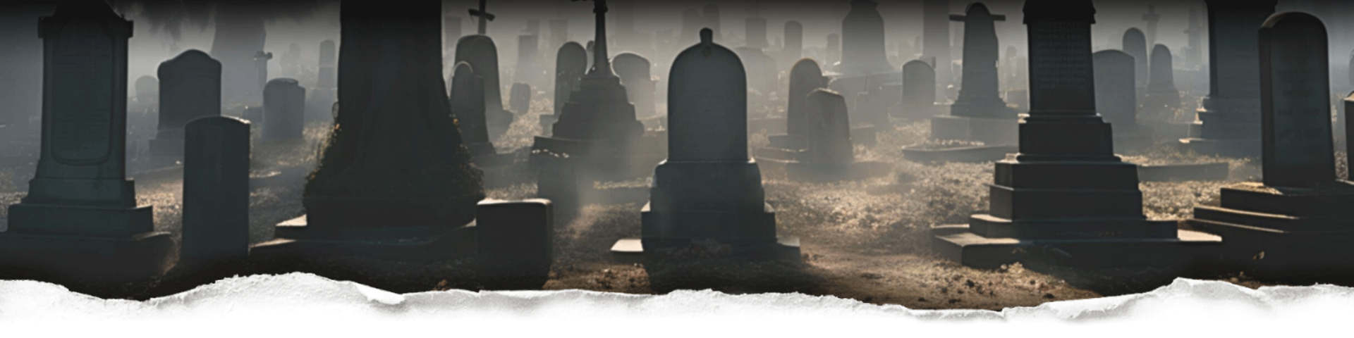 A misty old cemetery with tombstones and a foggy atmosphere behind torn paper