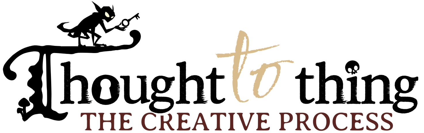 Stylized text 'Thought to thing: The Creative Process' 